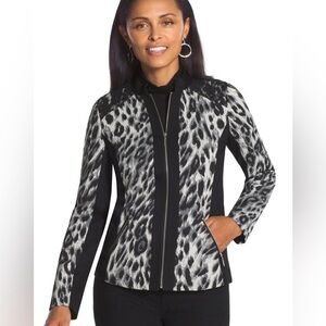 Chicos Jacquard Leopard Lace Black White Jacket Fall Animal Print Size 2 Large